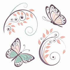 Elegant butterfly and floral design elements set on white background