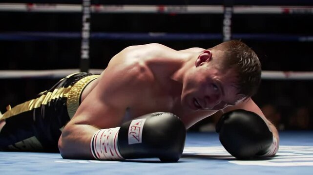 Determined boxer struggles to rise after knockdown in intense boxing match