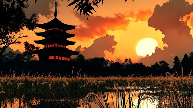 Silhouette of a japanese pagoda at sunset over a rice paddy.