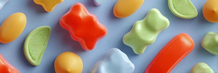 Colorful Gummy Texture 3D Sticker Elements on Matte Blue Surface for Creative Projects
