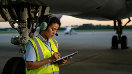 Female airport worker with headset, clipboard under airplane during sunset - Powered by Adobe
