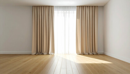 Obraz premium Bright Empty Room with Beige Curtains and Wooden Floor