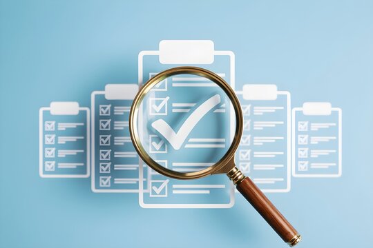 Auditing and Compliance Review Process &ndash; Magnifying Glass Focused on Checklist Document Representing Quality Assurance and Business Standards

