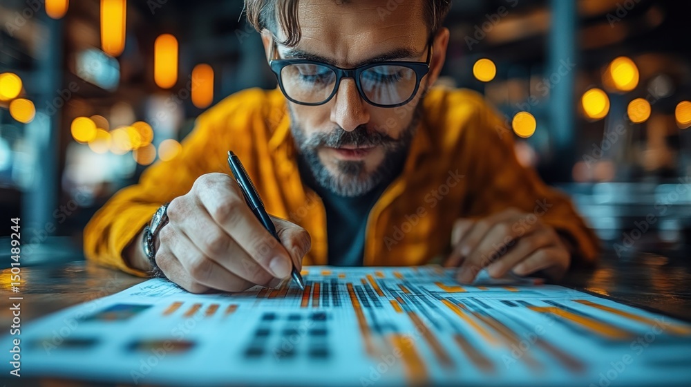 Poster man analyzing charts in cafe with blurred background lights