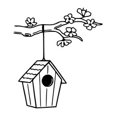 birdhouse hanging on blooming branch vector