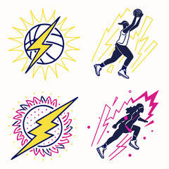 Energetic female basketball players with lightning bolts and suns