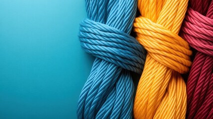An artistic arrangement of vibrant yarn ropes in striking colors showcases creativity and craftsmanship, representing the joyful spirit of textile arts and DIY projects.