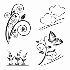 Black and white floral design elements with butterfly and clouds