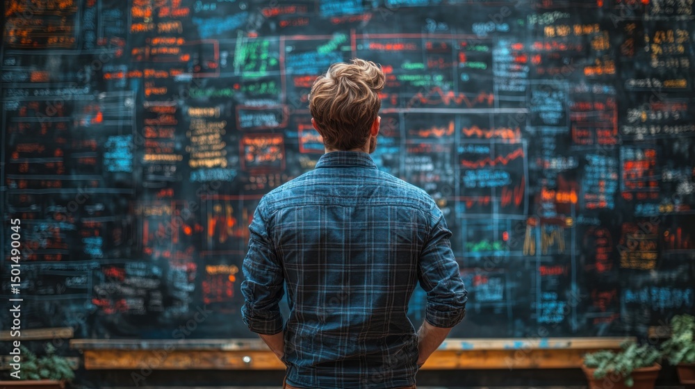 Poster man analyzing colorful strategy notes on a large blackboard