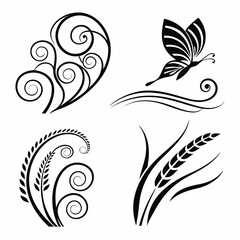 Elegant black and white floral butterfly wheat swirls design elements