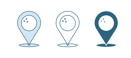 Blue Map pointer with bowling ball icon isolated on white background. Sport equipment. Vector