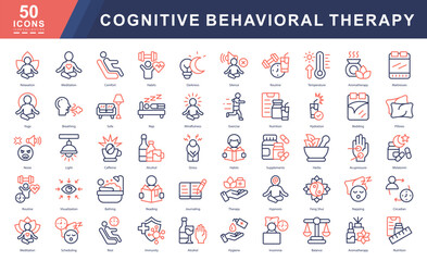 Cognitive Behavioral Therapy color outline icon set focused on relaxation, routine, mindfulness, sleep hygiene, and emotional wellness. Ideal for mental health, therapy, and wellness design projects.