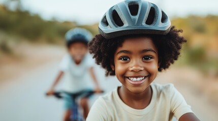 Fototapeta premium Two children riding bicycles outdoors, with the focus on a smiling child wearing a helmet on a sunny day.