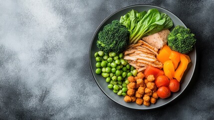 This image captures a vibrant plate filled with a balanced meal of chicken breast, fresh vegetables, and healthy greens, representing nutritious eating and healthy living choices.