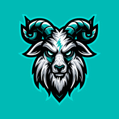 Fototapeta premium Detailed illustration of a fierce-looking goat with prominent horns set against a bright teal background