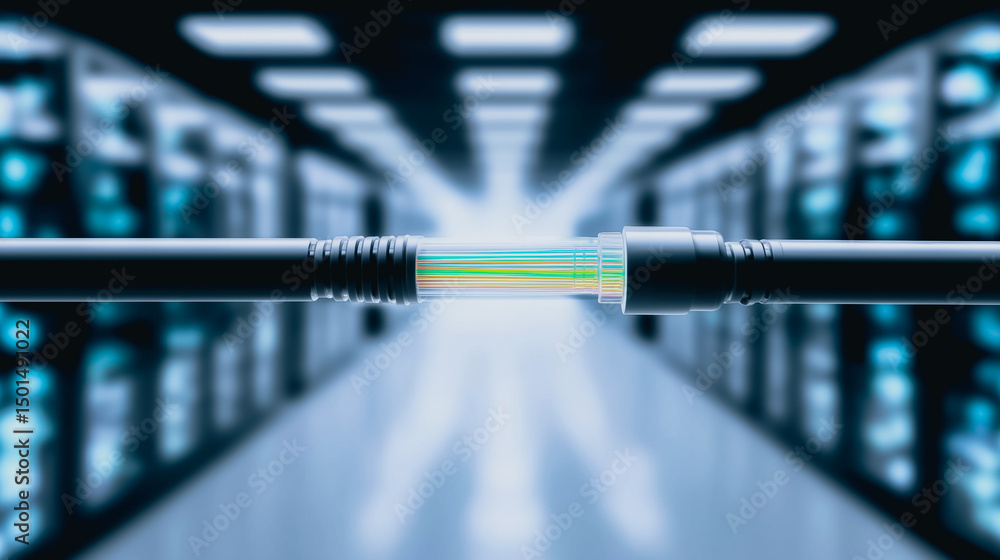 Poster data stream connectivity: a futuristic data center glows with connectivity, showcasing the seamless 