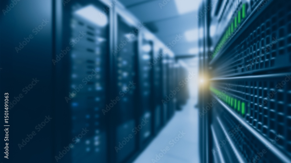 Poster data center's digital realm: the image features server racks in a data center, symbolizing the core 
