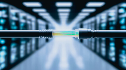 Data Stream Connectivity: A futuristic data center glows with connectivity, showcasing the seamless flow of information through optical fibers, representing the backbone of modern technology.