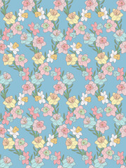 Colorful floral pattern on blue background.