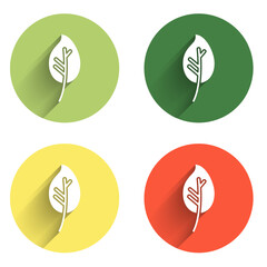 Set Leaf icon isolated with long shadow background. Leaves sign. Fresh natural product symbol. Color circle button. Vector