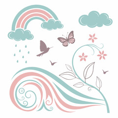 Pastel rainbow clouds butterfly hummingbird floral design