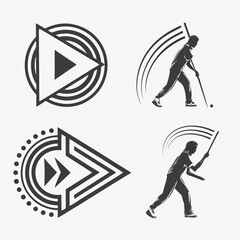 Abstract geometric play button icons with sports silhouettes