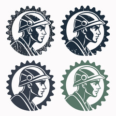Four vintage worker portraits gear helmet design