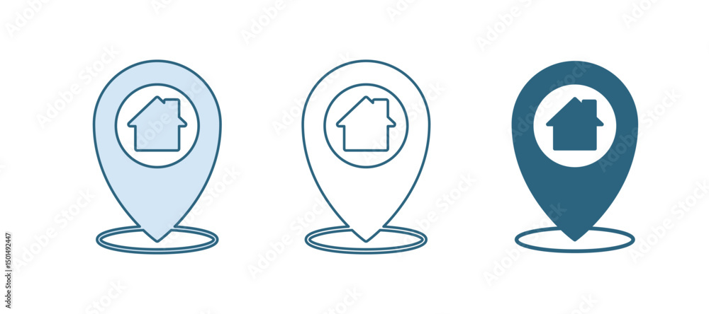 Poster blue map pointer with house icon isolated on white background. home location marker symbol. vector