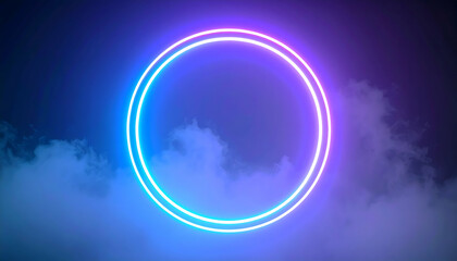 Bright Neon Circle Glowing in Dark Blue Clouds