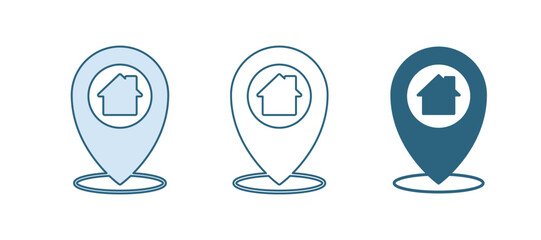 Blue Map pointer with house icon isolated on white background. Home location marker symbol. Vector