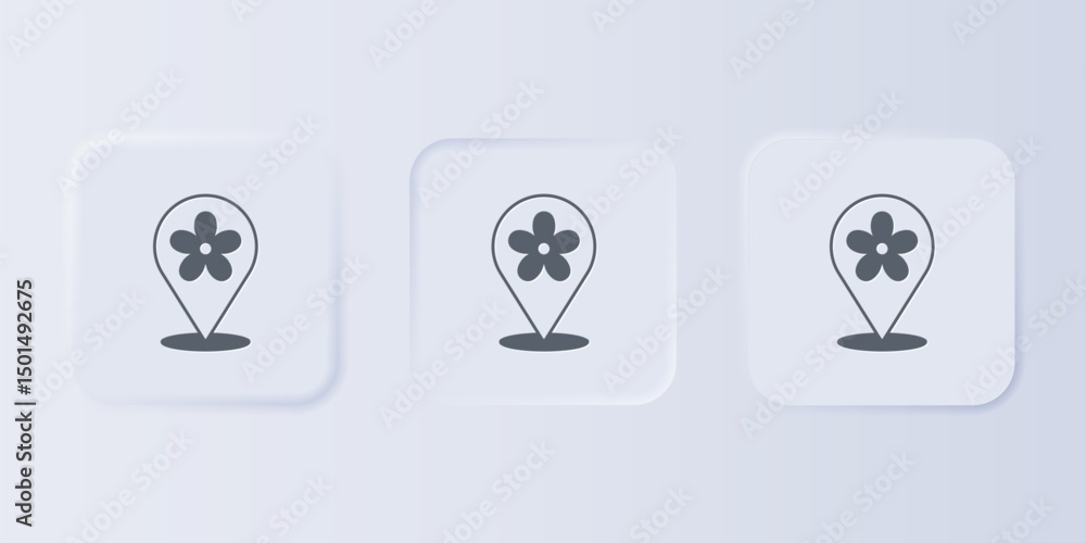 Poster grey location with flower icon isolated on grey background. set icons in square buttons. vector