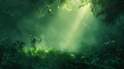 Silhouette of archer in mystical forest