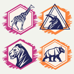 Geometric african animal icons giraffe rhino lion toucan