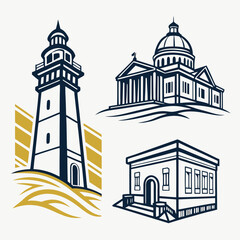 Lighthouse classic building architecture icons set