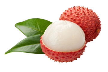 Fresh Lychee Fruit with Leaves isolated on white background. Exotic Tropical Delight for Culinary & Wellness Use . Fresh fruit illustration on white