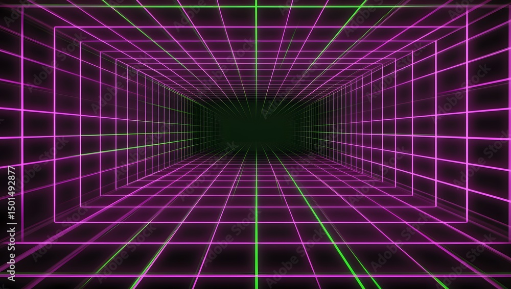 Poster a symmetrical grid of glowing neon squares, each with its own color and pattern, creates an otherwor