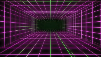 A symmetrical grid of glowing neon squares, each with its own color and pattern, creates an otherworldly tunnel effect on the screen. 