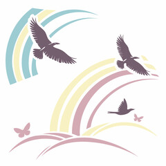 Birds flying free pastel rainbow landscape butterflies nature