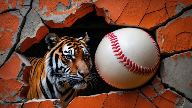 A fierce tiger emerges from a shattered wall, as a baseball hovers nearby, symbolizing strength and dynamic action