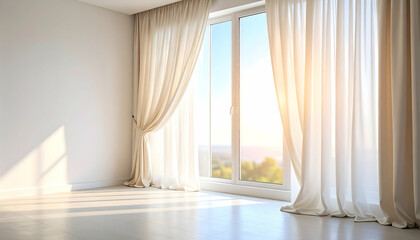 Bright Room with Sheer Curtains and Sunlight Streaming Through Window