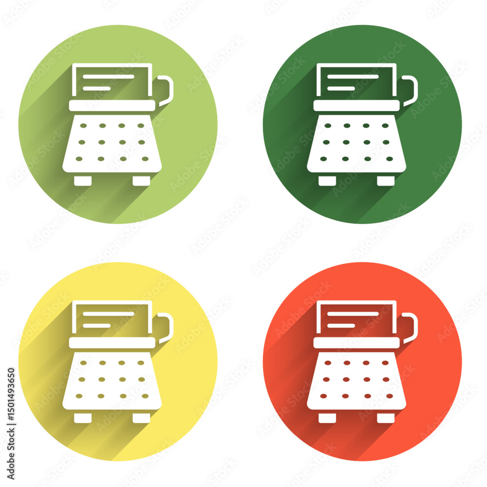 Poster set retro typewriter and paper sheet icon isolated with long shadow background. color circle button.