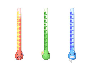 Set of weather thermometers isolated on white background. Set of thermometers with cold, hot and warm temperature indicators. Forecast, climate and meteorology icon. 3d rendering