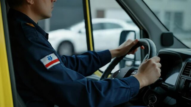 Person driving yellow vehicle, wearing uniform with flag patch