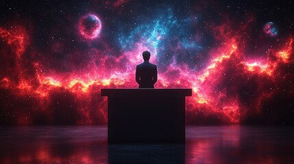 Man at desk facing colorful nebula universe background