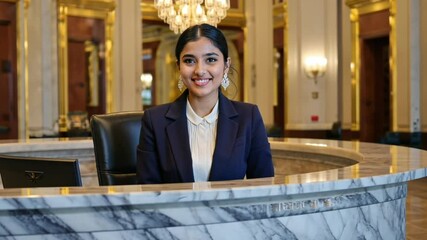 A welcoming indian receptionist smiles behind a polished marble counter in a grand hotel lobby. Concept of luxury hospitality and guest satisfaction.