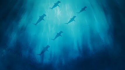 Obraz premium Hammerhead sharks swimming in deep ocean