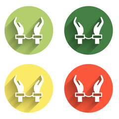 Set Handcuffs on hands of criminal man icon isolated with long shadow background. Arrested man in handcuffs. A crime, arrest, business and corruption concept. Color circle button. Vector