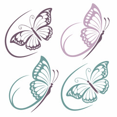 Elegant butterfly designs set purple teal white background