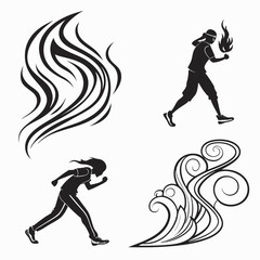Abstract silhouettes of fire water running people