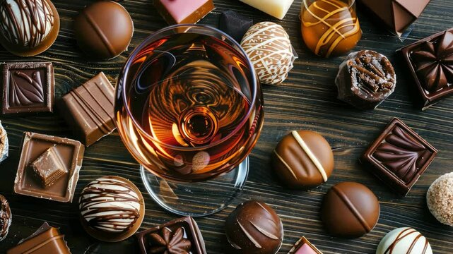 A delightful collection of chocolates paired with a glass of wine
